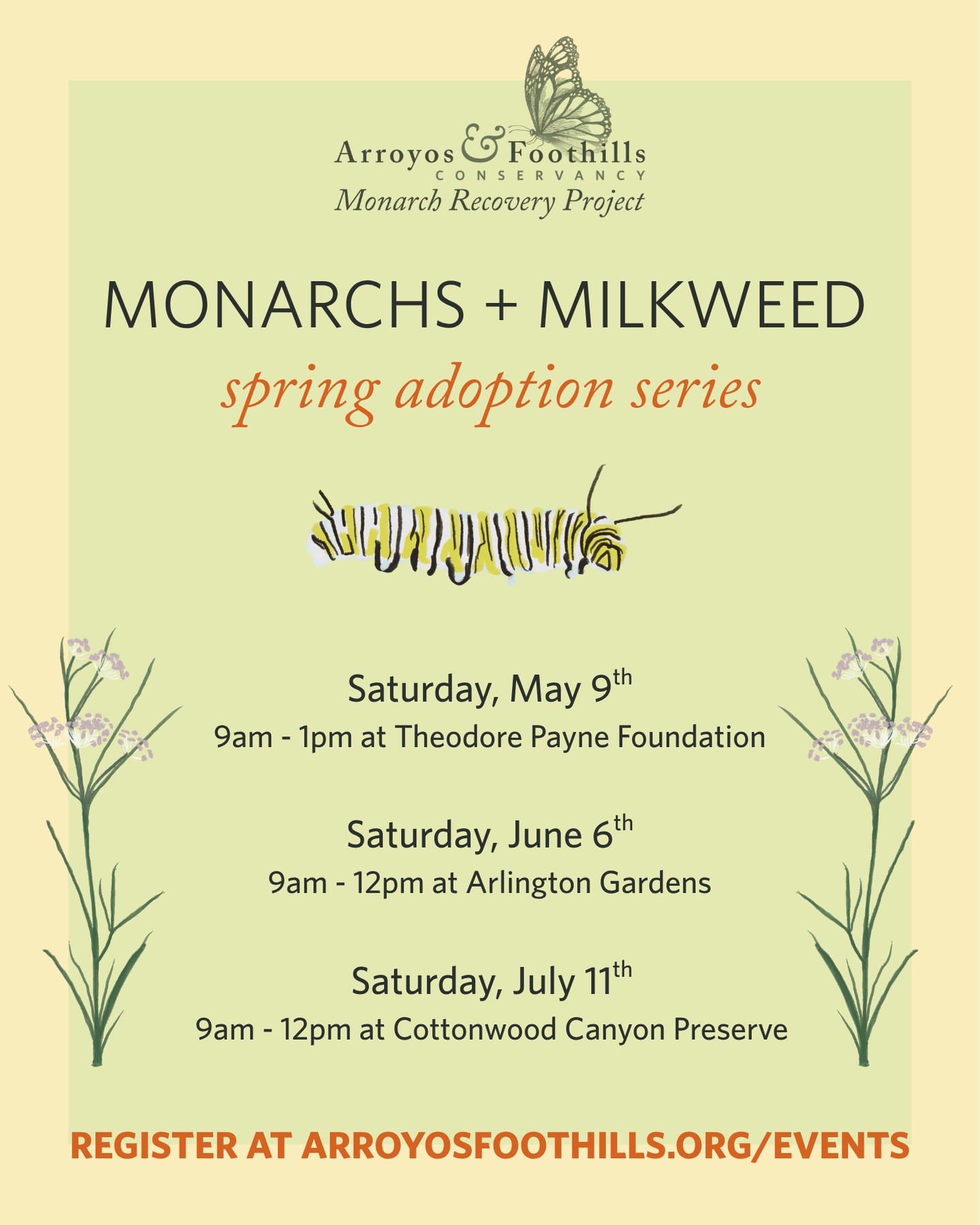 Each spring the majestic monarch butterflies embark on an epic journey. Leaving their overwintering sites in coastal California, they mate and lay eggs as they migrate east across the western U.S. towards the Rocky Mountains. Two to three generations are produced in the summer months. When fall rolls around the monarchs make their return journey to California's coasts. There, they spend the colder winter months gathering together in groves of trees.⁠
⁠
Since the 1980's this awe-inspiring migration has become more and more perilous. Habitat loss, climate change, and pesticides have gravely impacted these butterflies and their populations have dropped by 95%.⁠
⁠
But, there is hope for monarchs — and it begins with all of us! Milkweed is the only plant they lay their eggs on and the most effective action we can take is to plant more of it. With every milkweed we plant, we provide a beacon and rest stop for these butterflies. Join the effort to save the monarchs by participating in our Monarch Recovery Program! ⁠
⁠
For the next three months we're hosting our milkweed adoptions where you can take home free milkweed plants. For this series, we're collaborating with our friends @theodorepayne and @arlingtonpasadena ⁠
Visit our link in bio to learn more and to register!