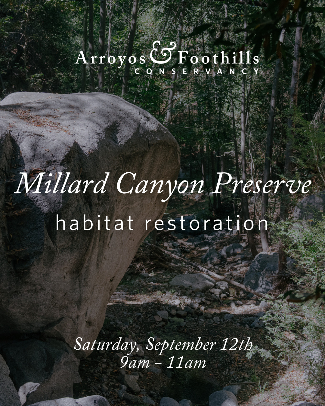 Join us at Millard Canyon Preserve to help maintain this special place as a wildlife refuge!⁠
⁠
This Saturday, September 12th, volunteers will meet at 9am. If you have them, please bring tools such as weed whackers, pruners, loppers, or other hand tools suitable for cutting and clearing vegetation.⁠
⁠
Registration is requested (link in bio!)