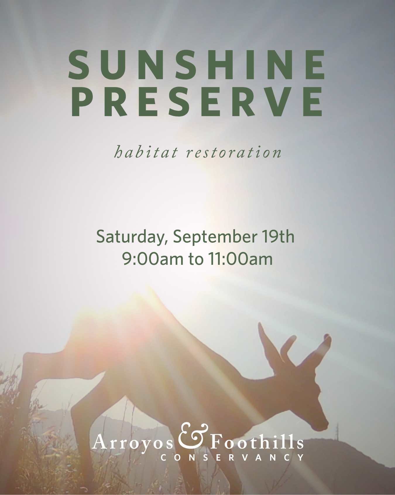 This Saturday, September 19th, join AFC at the Sunshine Preserve in Glendale! Join the community in restoring this open space. ⁠
⁠
Please bring water and we recommend wearing pants, long sleeve shirts, and sturdy shoes. If available to you, we also recommend bringing a tool such as a shovel, hand pruner, or trowel.⁠
⁠
Registration is required for this volunteer event. You can sign up via our link in bio or by visiting arroyosfoothills.org/events⁠
⁠
For all news Sunshine Preserve, follow @thesunshinepreserve 🌞
