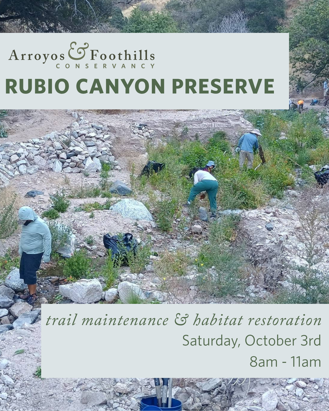 This Saturday, join AFC and the Friends of Rubio Canyon in Altadena! Help maintain the trails at Rubio Canyon Preserve for safe public access, restore impacted areas, and care for this unique and ecologically important landscape.⁠
⁠
Please bring water, sunscreen, and work gloves. We recommend wearing pants, long sleeves, and sturdy shoes. If available, feel free to bring any of the following tools: McLeod, shovel, bow rake, pick mattock, folding saw, and loppers. Other tools and equipment will be available.⁠
⁠
Visit our link in bio for meeting location and to register for this event. ⁠